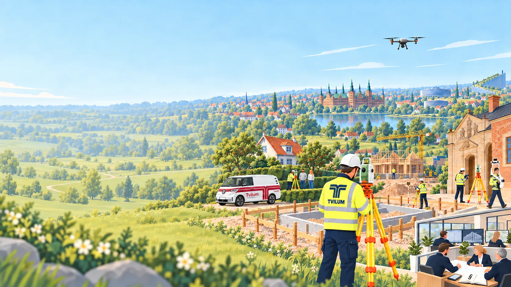 Illustration af Tvilums landinspektører med opmåling, scanning, drone, husafsætning og rådgivning, med Frederiksborg Slot i baggrunden